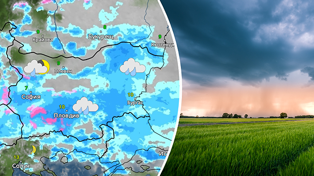 Отляво: Метеокартата показва дъжд на много места към вторник вечерта Отдясно: Снимка на облаци и приближаващ дъжд над полето