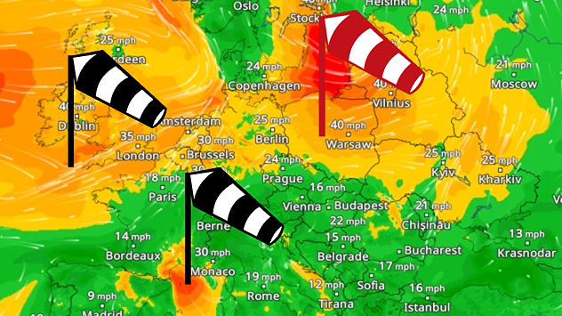 WindRadar for Europe, showing wind speeds of up to 40 mph and wind socks over particularly windy regions.