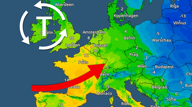 Wetterlage mit Warmluft-Pfeil