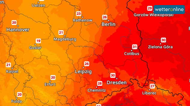 TemperaturRadar mit Höchstwerten: Osten bis 31 Grad, Westen um 20 Grad, deutliche Unterschiede erkennbar.