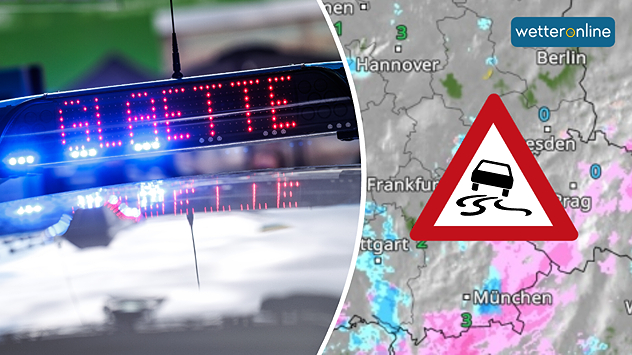 Polizei-Warnsignal und Wetterkarte mit Glättezeichen über Deutschland.