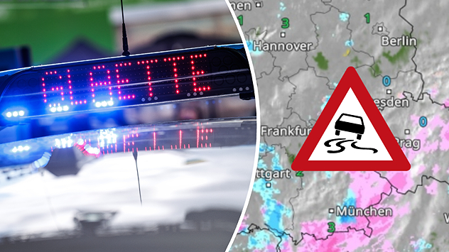 Polizei-Warnsignal und Wetterkarte mit Glättezeichen über Deutschland.