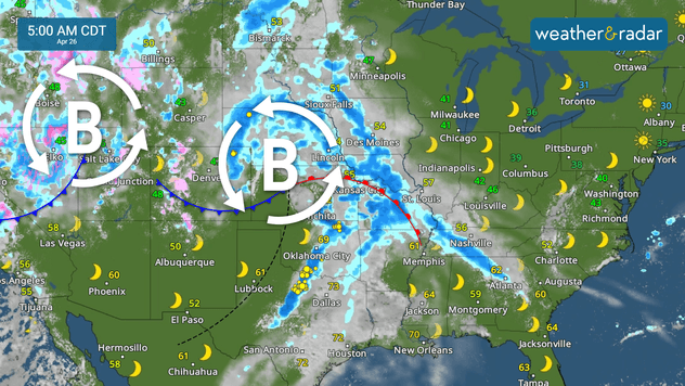 Varias tormentas emergen de las Montañas Rocosas y traen varios días de grave amenaza.