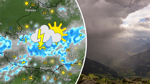 Wetterkarte Österreich und dunkle Wolken mit Regenvorhang in den Bergen