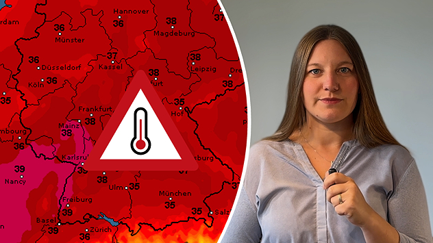 Wetterkarte für Deutschland mit verbreitet 34 bis 39 Grad am Donnerstag. Ein Thermometer-Warnsymbol weist auf starke Hitze hin.