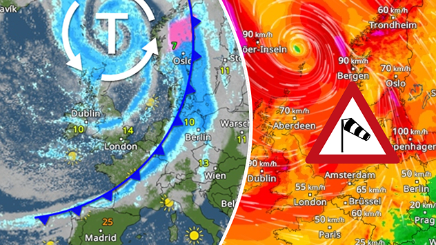 À gauche, la carte météorologique montre une zone de basse pression avec un front froid s'étendant de l'Irlande à la Scandinavie. À droite, de violentes rafales de vent pouvant atteindre 100 km/h sont signalées autour de la mer du Nord et de la Norvège.