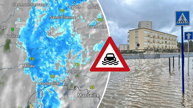 Regenradar boven Zuid-Frankrijk naast foto van een overstroomde straat. Waarschuwingsbord symboliseert gevaar voor overstromingen en aquaplaning.