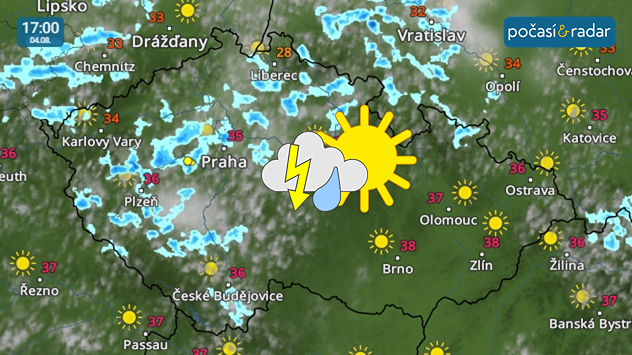 Meteoradar, screenshot, 4. 8. 17:00: I úterý bude v Česku slunečné a velice horké, v Čechách se již však během odpoledne častěji vyskytne zvětšená oblačnost a lokálně i přeháňky/bouřky.