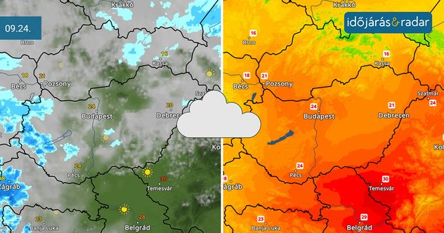 előrejelzett felhőzet és maximumok 