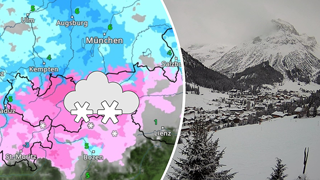 Links: Eine Wetterkarte von Westösterreich zeigt auf den Bergen Schneefall in Rosa und in den Tälern Regen in Blau; Rechts: Bild eines verschneiten Alpendorfs bei wolkenverhangenem Himmel
