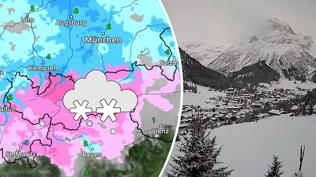 Links: Eine Wetterkarte von Westösterreich zeigt auf den Bergen Schneefall in Rosa und in den Tälern Regen in Blau; Rechts: Bild eines verschneiten Alpendorfs bei wolkenverhangenem Himmel (c) foto-webcam.eu