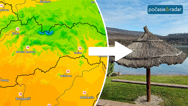 Postup oteplenia na Slovensku – mapa teplôt prechádza do slnečného počasia pri jazere, symbol návratu tepla