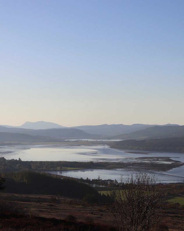 Wide coastal inlet winding through rolling hills and distant mountains under a clear blue sky, with calm reflective water and sparse trees in the foreground.