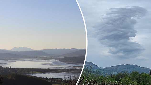 Split image showing a calm coastal inlet and mountain landscape on the left, and a dramatic layered lenticular cloud above hills and trees on the right.