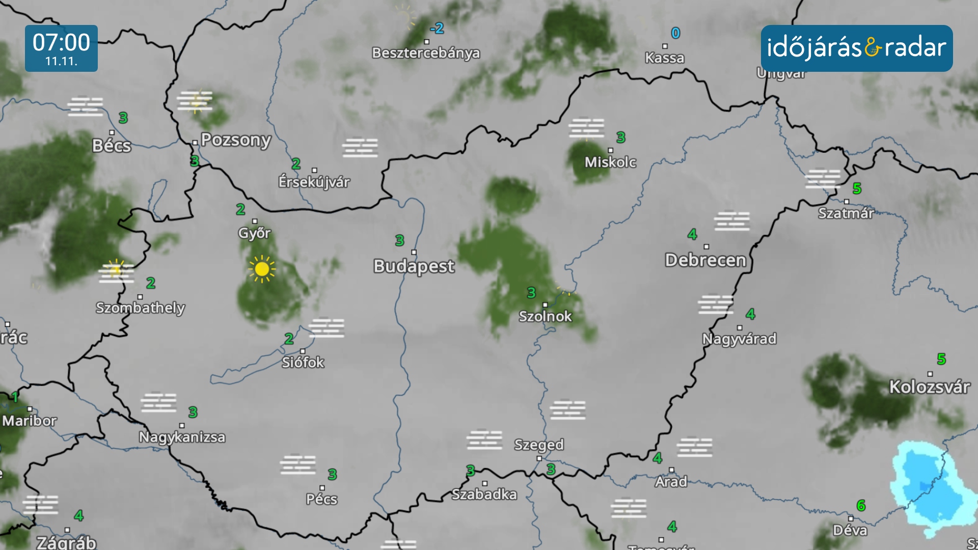 Kiterjedt ködtenger az ország nagy részén. Néhol, kis körzetekben azonban nincs jelen a köd, derült lehet az ég