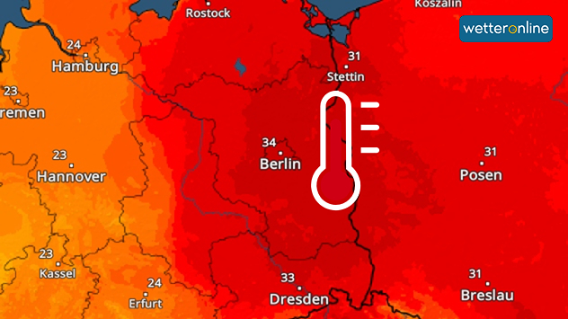TemperaturRadar-Vorhersage für Mittwoch: Die Hitzewelle erreicht im Osten ihren Höhepunkt. 