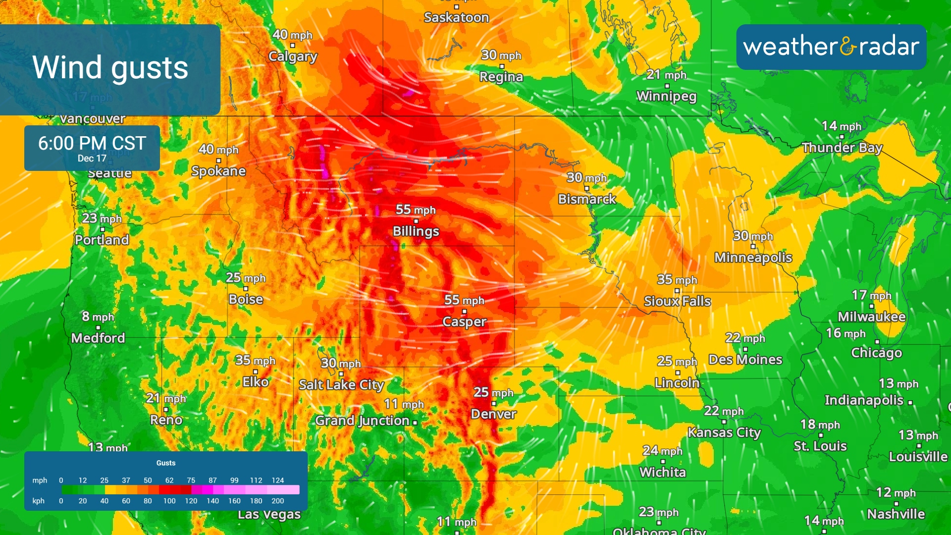The WindRadar shows high winds moving from the Northwest into the Plains and Rockies.
