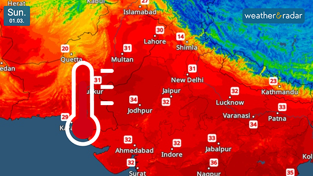 Temperature map dated Sun 01.03 showing intense red shading across Pakistan and northern India, with values around 30–36 °C including 34 °C in Jodhpur and 31 °C in New Delhi, plus a large thermometer icon.
