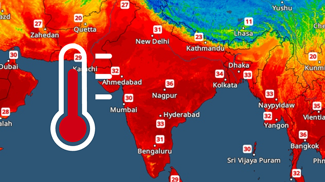 Temperature map showing intense red shading across India and Pakistan, with widespread values between 30 and 36 °C including 36 °C near Nagpur and 34 °C in Kolkata, alongside a large red thermometer icon.