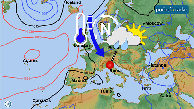 Synoptická mapa Evropy: České počasí bude po většinu tohoto týdne určovat chladné a vlhké severozápadní proudění po okraji tlakové níže nad severní Evropou.