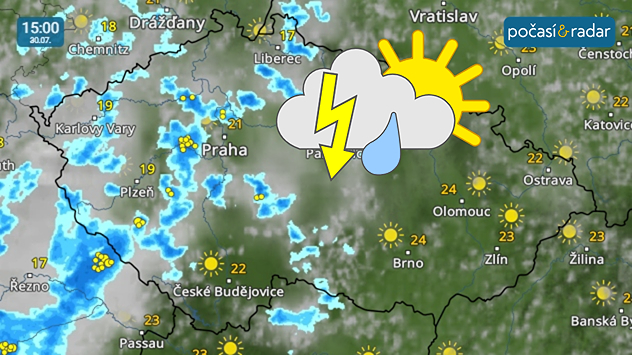 V nadcházejících dnech tohoto týdne bude nad Českem často panovat velká oblačnost, kterou budou místy doprovázet přeháňky, ojediněle i zabouří. Takto by mohla vypadat dle našeho Meteoradaru situace ve středu odpoledne.
