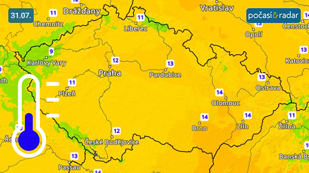 Chladnější severozápadní proudění se projeví i na nižších nočních teplotách, které budou v tomto týdnu častěji klesat pod 15 °C - to dokazuje i předpověď minimálních teplot na noc ze středy na čtvrtek 31. 7.