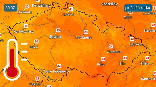 Předpověď maximálních teplot v Česku na středu 30. 7. - nejvyšší denní teploty se budou v nadcházejících dnech zpravidla držet do 25 °C.