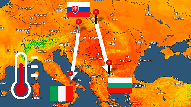 Teplotná mapa Európy s vyznačeným pásom od Slovenska cez Balkán po juh Talianska a Bulharska, doplnená vlajkami Slovenska, Talianska a Bulharska a veľkým teplomerom.