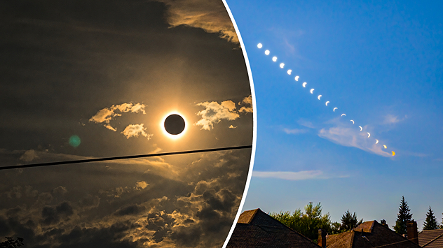 Split image showing a total solar eclipse glowing through dramatic clouds on the left and a multi-exposure eclipse sequence tracing the Sun across a blue sky on the right.