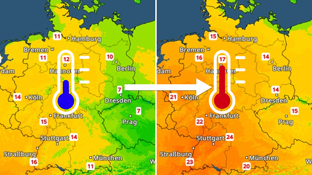 Vergleich zweier Temperaturkarten für Deutschland. Freitag zeigt niedrigere Werte, Samstag deutlich höhere Temperaturen. Pfeil symbolisiert den erneuten Temperaturanstieg.