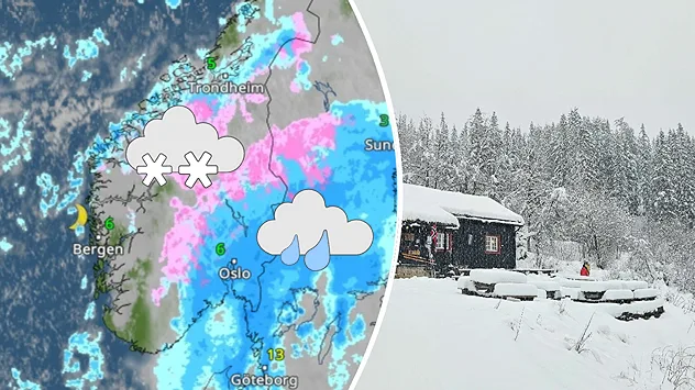 Splitbild. Links eine Wetterkarte von Norwegen mit Schnee und Regen. Rechts: Skandinavien im Schnee.