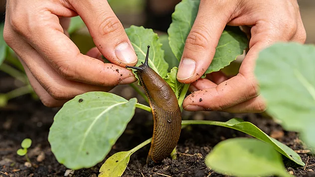 Eine Nacktschnecke auf einer Jungpflanze.
