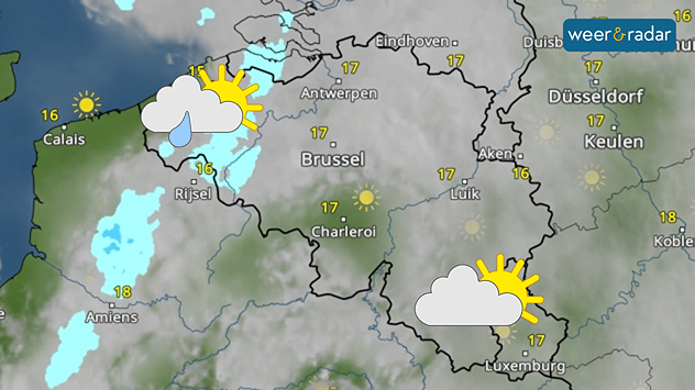 De WeerRadar toont meer bewolking boven België, in het westen lokaal zelfs wat neerslag. Een zon, wolk en druppel is daar ingetekend. Boven het zuidoosten is een wolk met wat zon ingetekend.