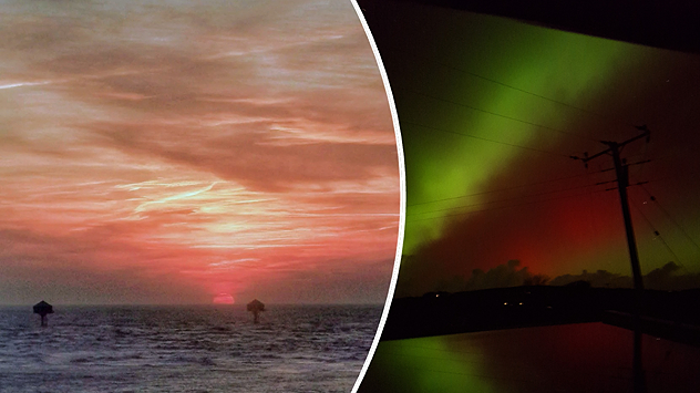 Split image showing a red-orange sunset over the sea with layered clouds on the left, and green and red aurora glowing in the night sky with silhouetted power lines and a utility pole on the right, divided by a curved white line.