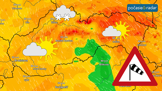 Veterný radar so zobrazením sily vetra a symbolov počasia. Sever sneženie, zvyšok Slovenska polooblačné počasie.