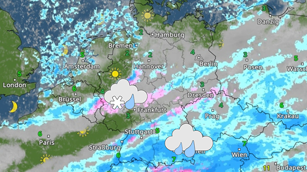 Wetterkarte mit Regen- und Schneefeldern über Deutschland und Mitteleuropa.