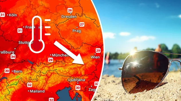Geteilte Wettergrafik: Links zeigt eine rot-orangefarbene Temperaturkarte von Mitteleuropa mit Thermometer-Symbol und Pfeil Richtung Österreich, rechts liegt eine Sonnenbrille im Sand vor einem See.