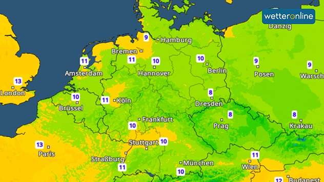 TemperaturRadar mit nächtlichen Tiefstwerten in Mitteleuropa.