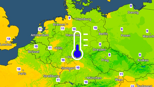 TemperaturRadar mit nächtlichen Tiefstwerten in Mitteleuropa.