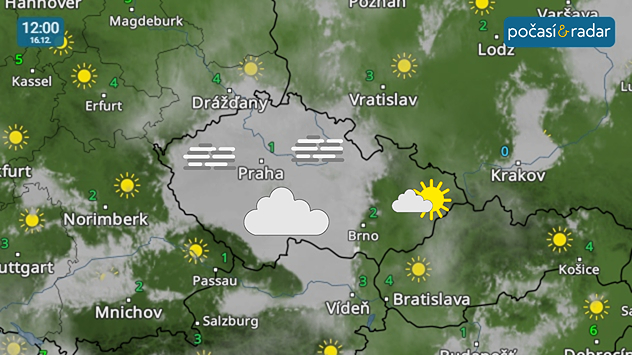 Meteoradar, screenshot, 16. 12. 12:00: Počasí třetího prosincového týdne bude v Česku pod vlivem výrazné teplotní inverze, která se u nás projeví četným výskytem mlh a nízké oblačnosti, jež se budou v některých dnech částečně rozpouštět.