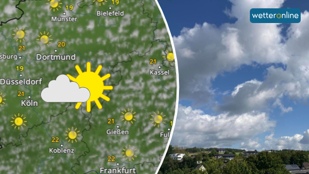 Das&nbsp;WetterRadar&nbsp;(links) zeigt einen "löchrigen Wolkenteppich", das Foto einer Nutzerin die Schönwetterwolken in Wenden im Sauerland.