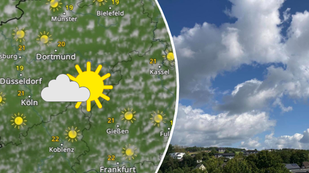 Das&nbsp;WetterRadar&nbsp;(links) zeigt einen "löchrigen Wolkenteppich", das Foto einer Nutzerin die Schönwetterwolken in Wenden im Sauerland.
