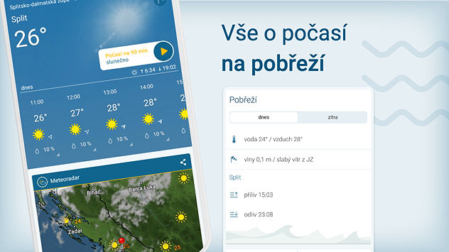 Telefon s aplikací Počasí & Radar s předpovědí pro město Split a se všemi informacemi o počasí na pobřeží.“