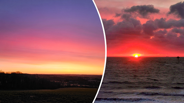 Split image showing a pastel countryside sunset with pink and orange sky over rolling hills on the left, and a vivid red ocean sunset with dark waves and glowing clouds on the right, divided by a curved white line.