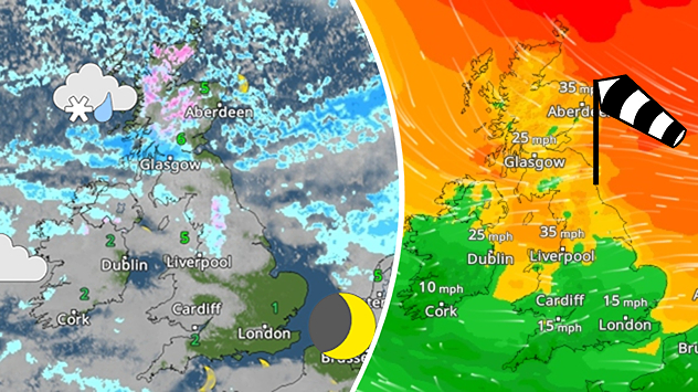 Split image showing a night-time UK precipitation radar on the left with snow and rain icons and blue bands, and a wind speed forecast on the right with colour-coded winds, mph labels, and a windsock icon, divided by a curved white line.