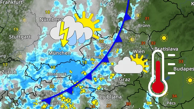 Eine Wetterkarte von Österreich zeigt viele Gewitter entlang einer Kaltfront. Im Südosten ist es heiß.
