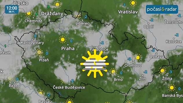 Meteoradar, screenshot, 28. 11., 12:00: České počasí bude na závěr pracovního týdne pod vlivem tlakové výše. To znamená ustání srážek a návrat inverzního počasí s častými mlhami a nízkou oblačností.