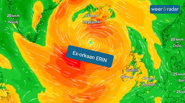 Het windveld van de voormalige orkaan ERIN heeft een diameter van ongeveer 3000 kilometer.