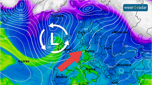 De weerkaart voor komende week dinsdag toont een actief lagedrukgebied ten westen van de Britse Eilanden, hogedruk verliest geleidelijk de greep op ons weer. 