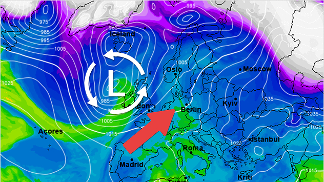 De weerkaart voor komende week dinsdag toont een actief lagedrukgebied ten westen van de Britse Eilanden, hogedruk verliest geleidelijk de greep op ons weer.